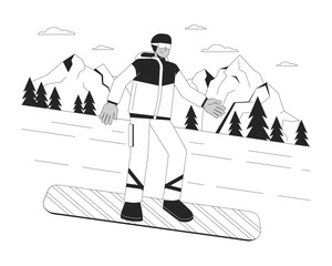 Snowboarding downhill winter sports black and white cartoon flat illustration. Extreme snowboarder going down hill 2D lineart character isolated. Wintersport monochrome scene vector outline image
