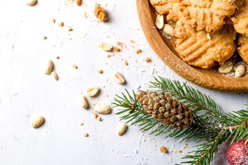 Peanut round cookies. Delicious sweets for Christmas. Festive cookies for the new year. Copy space for text