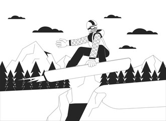 Snowboarder jumping on mountain slope black and white cartoon flat illustration. Black girl performing trick on board 2D lineart character isolated. Wintersport monochrome scene vector outline image