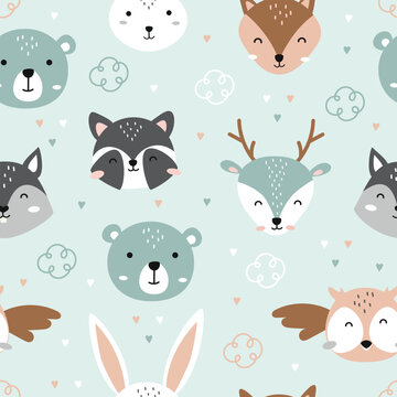 Seamless childish pattern with cute animals. Woodland animals background for fabric, wrapping, textile, wallpaper, prints design. Vector illustration