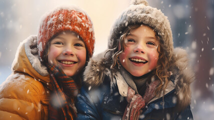 two happy little girls playing in a snow park.