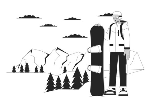 Snowboarder standing on ski resort black and white cartoon flat illustration. Middle eastern man snowboarding vacation 2D lineart character isolated. Wintersport monochrome scene vector outline image