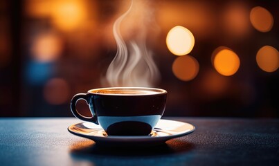 Obraz premium A steaming coffee cup on a saucer placed on a table with a warm, cozy cafe atmosphere and soft bokeh lights