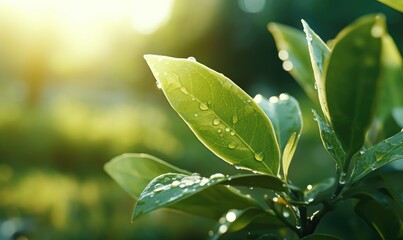 growing tree with green leaves, water drops on leaves in morning sunlight. bokeh lighting closeup view  - Powered by Adobe