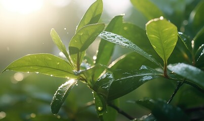 growing tree with green leaves, water drops on leaves in morning sunlight. bokeh lighting closeup view 