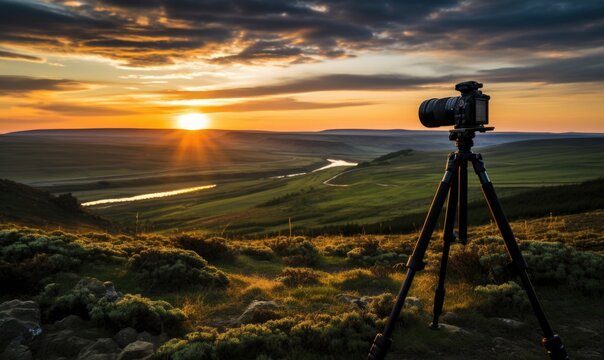 Camera on tripod taking photo of beautiful landscape with river at sunset.