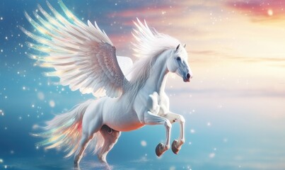 A majestic Pegasus with vibrant wings is soaring in the sky at sunset among fluffy clouds