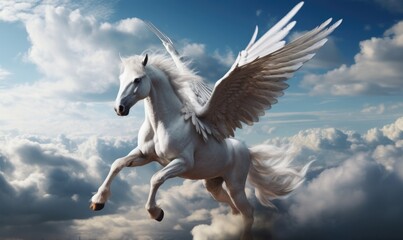A majestic Pegasus in flight with its large wings spread wide amongst the clouds