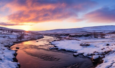 Fototapeta premium Icelandic winter landscape with frozen river and colorful sunset sky.