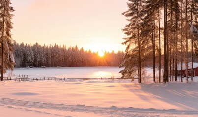 Sunset in the winter forest. Beautiful winter landscape with a frozen lake.