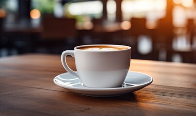 Fototapeta premium A cup of coffee with latte art on a saucer surrounded by warm light that invokes a cozy morning atmosphere