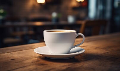 Fototapeta premium A cup of coffee with latte art on a saucer surrounded by warm light that invokes a cozy morning atmosphere