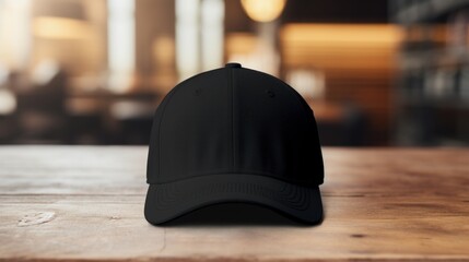 Cap with blank front, realistic on a mockup template in a table