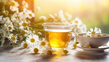 Obraz na płótnie Canvas chamomile tea on white table with some flowers,