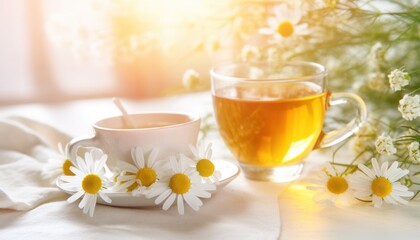 chamomile tea on white table with some flowers,