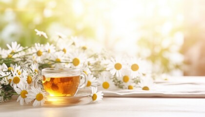 Obraz na płótnie Canvas chamomile tea on white table with some flowers,