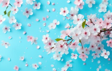 colorful cherry blossoms flowers pink and blue butterfly on blue background,