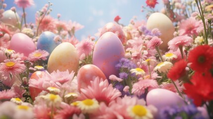 Fototapeta na wymiar colorful easter eggs sitting around the flowers,