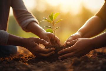Hands nurturing a young plant together. Concept of growth and care.