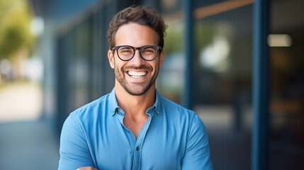 With ample copy space on a clean backdrop, a young adult businessman in a denim shirt and spectacles radiates a pleasant and confident smile. - obrazy, fototapety, plakaty
