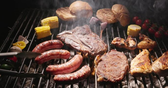 Fire barbecue sets stage for an unforgettable summer party. Juicy meat and bright vegetables on hot coals. With vibrant colors of cherry tomatoes and golden corn, outdoor culinary adventure. AD copy