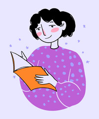 Happy woman reading book against purple background