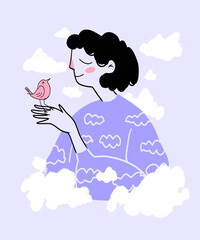 Illustration of woman with bird perching on hand amidst clouds