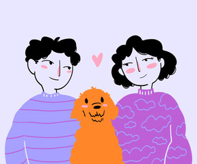 Romantic couple with pet dog against white background
