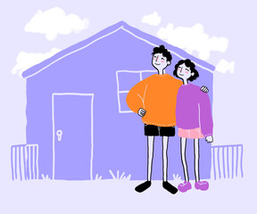 Happy couple standing together outside purple house