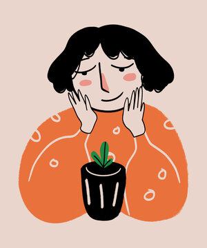 Happy woman looking at potted plant against beige background