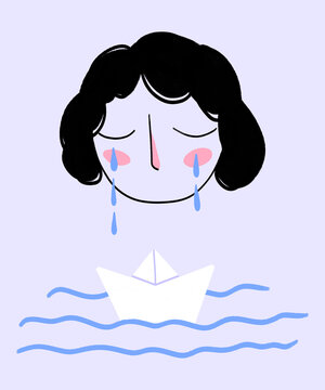 Depressed woman crying while boat floating in sea