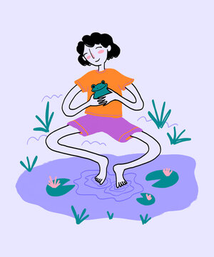 Happy woman with frog spending leisure time in pond