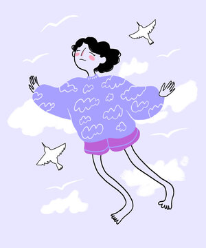 Happy woman with eyes closed flying by birds in sky