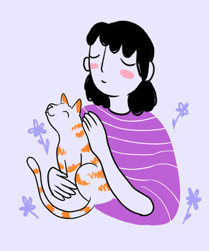 Woman singing and stroking pet cat over purple background