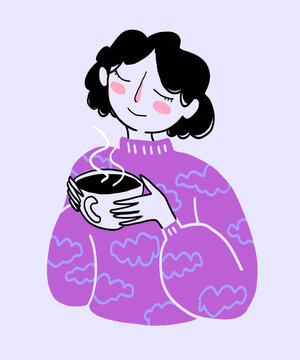 Woman with eyes closed smelling coffee in cup