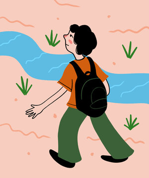 Woman with backpack hiking in nature during vacation