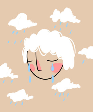 Upset woman crying while rain in background