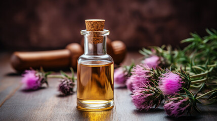 bottle, jar with thistle essential oil extract