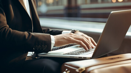 businessman in a suit is typing on his laptop