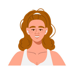 Portrait of a young smiling woman with red curly hair and headphones in her ears. An avatar of a female character for a social media profile. Bright vector illustration in a flat style