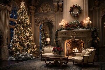 Castle Windows Aglow with Christmas Magic Royal Room Decorated for Christmas 