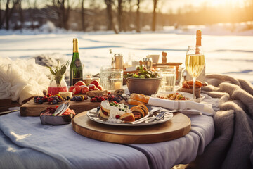 Christmas dinner outdoors, featuring a gourmet picnic spread with dishes like smoked salmon,...