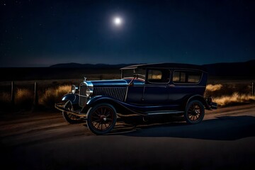 Fototapeta na wymiar An antique car parked on a desolate roadside under a starlit sky, moonlight casting shadows on the vintage vehicle, capturing the essence of solitude and nostalgia