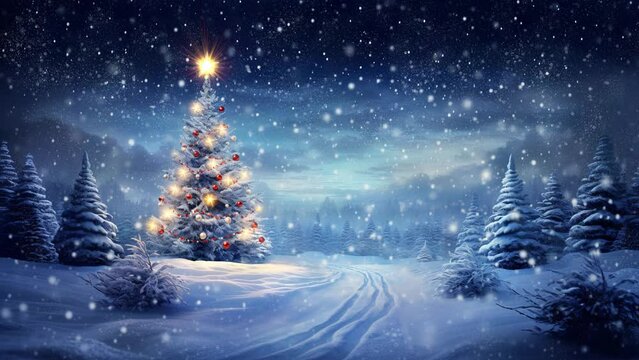 Christmas card animation, snowy landscape with large Christmas tree, on the top of the tree there is an animation of a golden star spinning