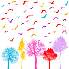 Colored birds and trees in the park. hand drawing. Not AI, Vector illustration