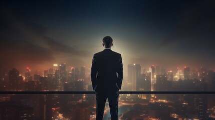 Fototapeta na wymiar Businessman Watching the Night City from His Office Summit. Generative ai