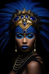 A black African woman transformed into a stunning embodiment of fantasy art, blue paint on her forehead.