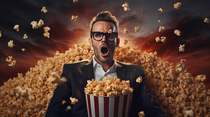 a man is sitting on the couch and eating popcorn - obrazy, fototapety, plakaty