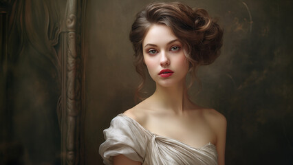 classic, elegant portrait of the bride in the style of dark brown and dark beige