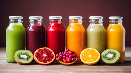 Smoothies from fresh fruits of different colors and flavors in glass jars.